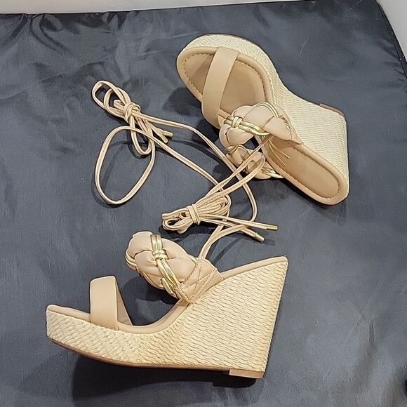 VIZZANO DOUBLE BRAIDED STRAP BAND LACE UP CLOSURE WEDGE SANDAL - Picture 8 of 16